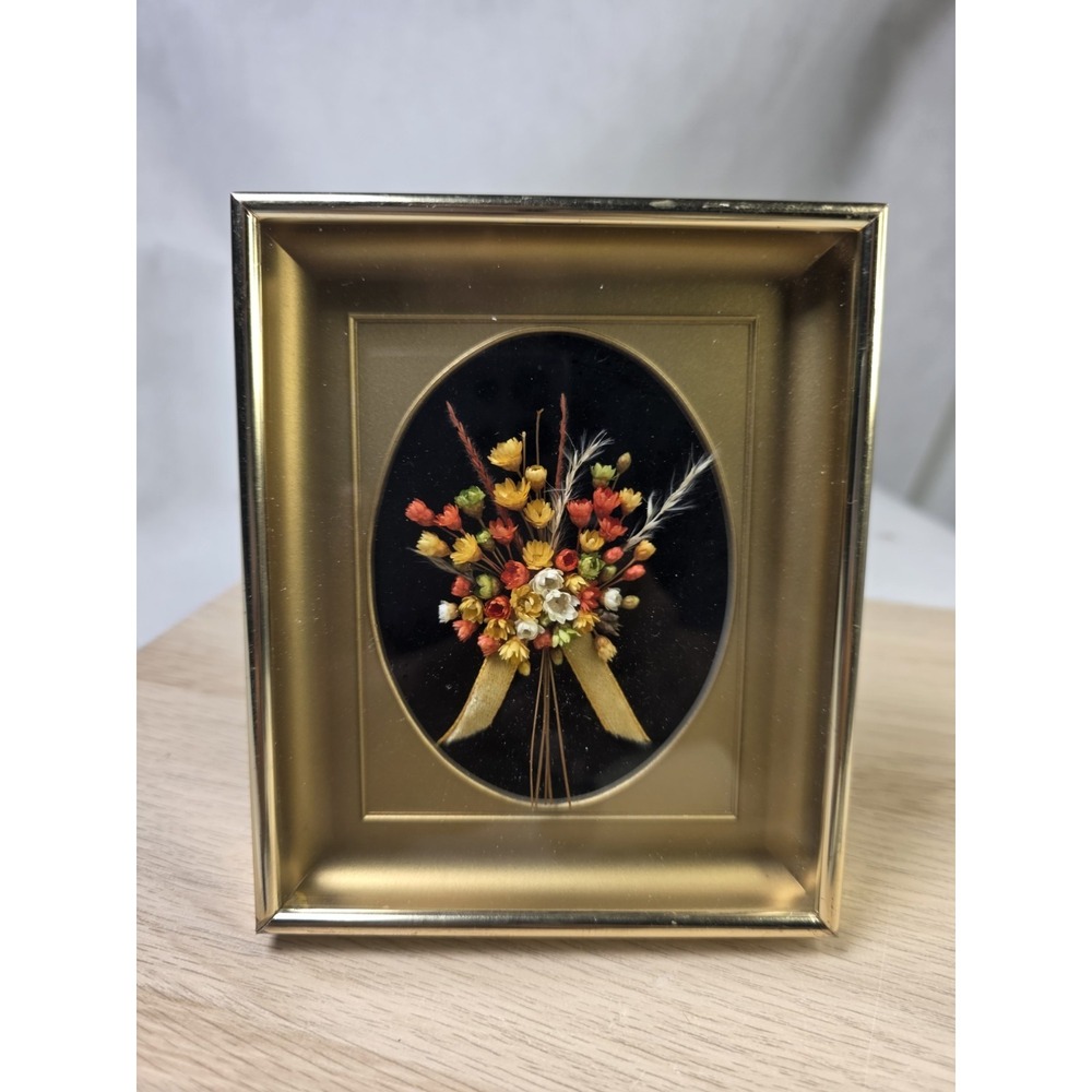 Vintage MidCentury Miniature Dried Flower Bouquet On Black Velvet, GoldTone...
